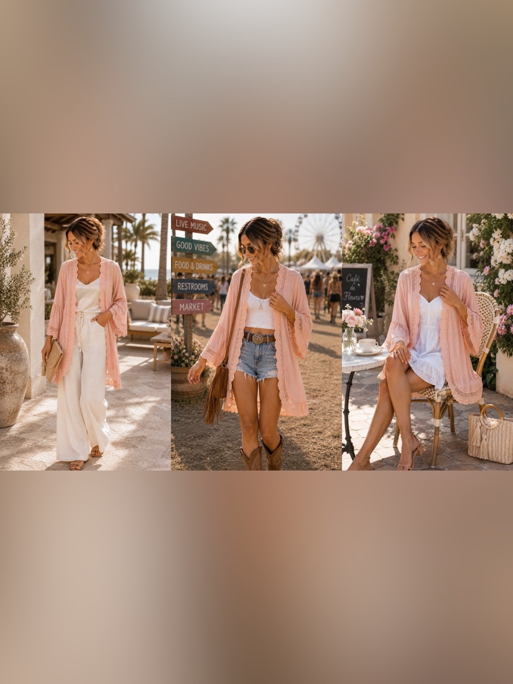 Spadehill Blush Pink Crochet Lace Trim Bell Sleeve Kimono Cardigan M - Picture 17 of 17